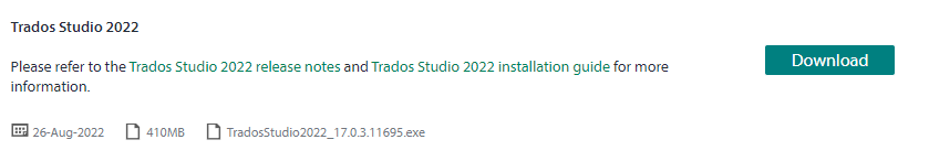 Screenshot of Trados Studio 2022 download page with a release date of 26-Aug-2022 and a 'Download' button, indicating a possible discrepancy in purchase date.