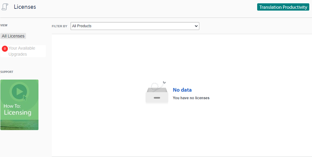 Screenshot of Trados Studio license page showing an error message 'No data - You have no licenses' under the 'All Licenses' tab.