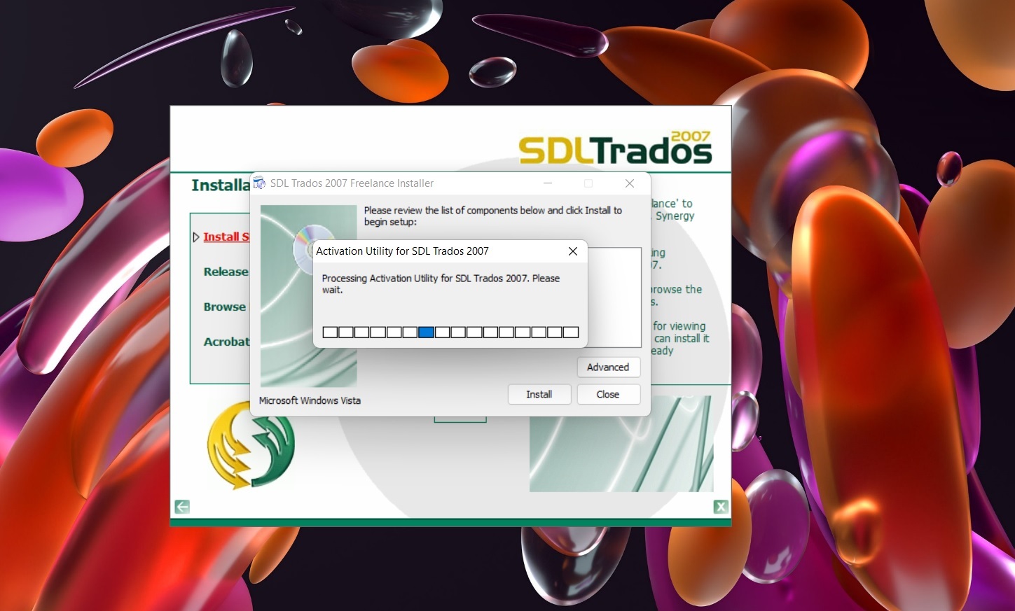 Screenshot of SDL Trados 2007 Freelance Installer window with a pop-up titled 'Activation Utility for SDL Trados 2007' showing a progress bar stuck at 'Processing Activation Utility for SDL Trados 2007. Please wait.' Background shows Windows Vista logo.