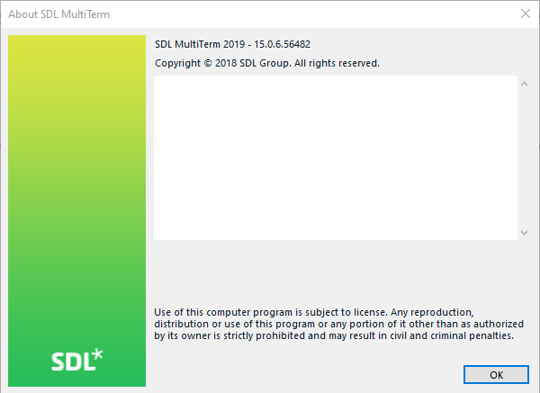 About SDL MultiTerm 2019 window displaying version number 15.0.6.56482 and copyright information with SDL logo at the bottom.