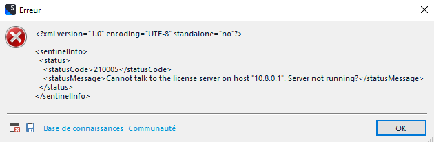 Error message in XML format indicating a failure to communicate with the license server on host '10.8.0.1'. Server not running?
