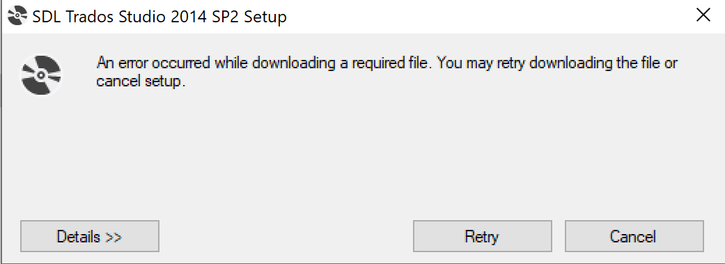 SDL Trados Studio 2014 SP2 Setup error message stating 'An error occurred while downloading a required file. You may retry downloading the file or cancel setup.' with options to view details, retry, or cancel.