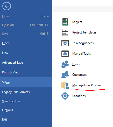 Trados Studio menu with 'Setup' expanded showing 'Manage User Profiles' option highlighted with a red underline.