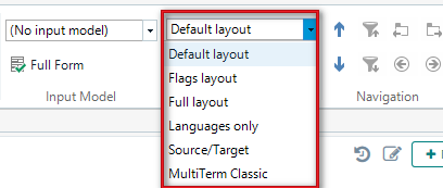 Dropdown menu in Trados MultiTerm showing options for layout including Default layout, Flags layout, Full layout, Languages only, SourceTarget, and MultiTerm Classic.