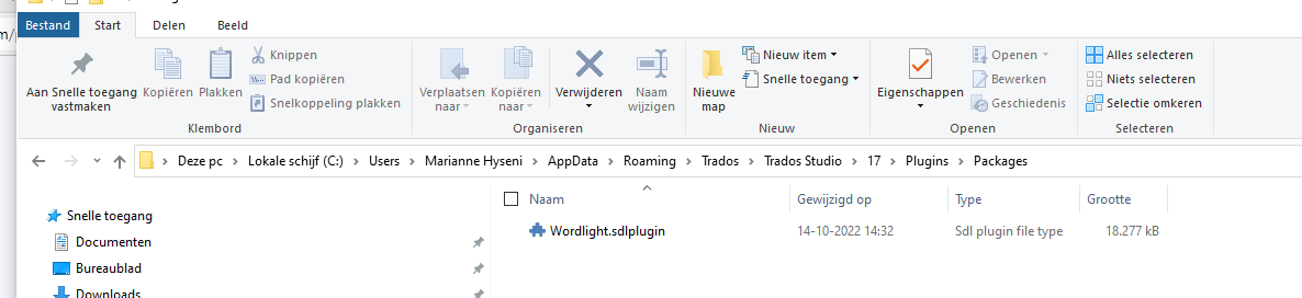 Screenshot of Trados Studio's Packages directory in a file explorer showing one item: 'Wordlight.sdlplugin' last modified on 14-10-2022 at 14:32 with a file size of 18,277 kB.