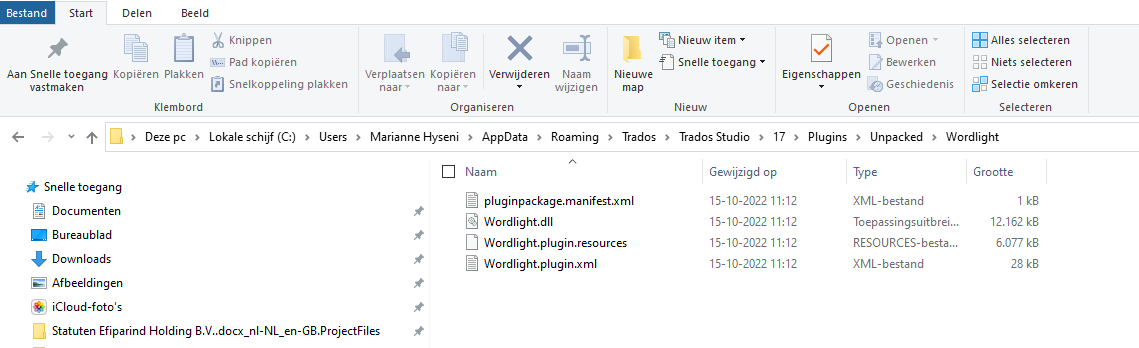 File Explorer window showing Trados Studio plugin files in the Unpacked folder, including 'pluginpackage.manifest.xml', 'Wordlight.dll', 'Wordlight.plugin.resources', and 'Wordlight.plugin.xml'.