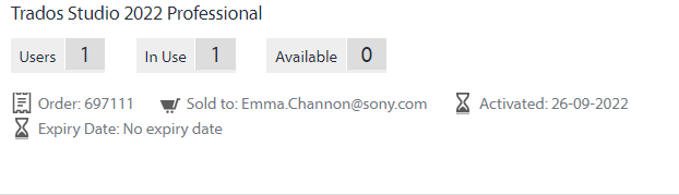 Trados Studio 2022 Professional license details showing 1 user, 1 license in use, 0 available. Order number 697111 sold to Emma.Channon@sony.com, activated on 26-09-2022 with no expiry date.