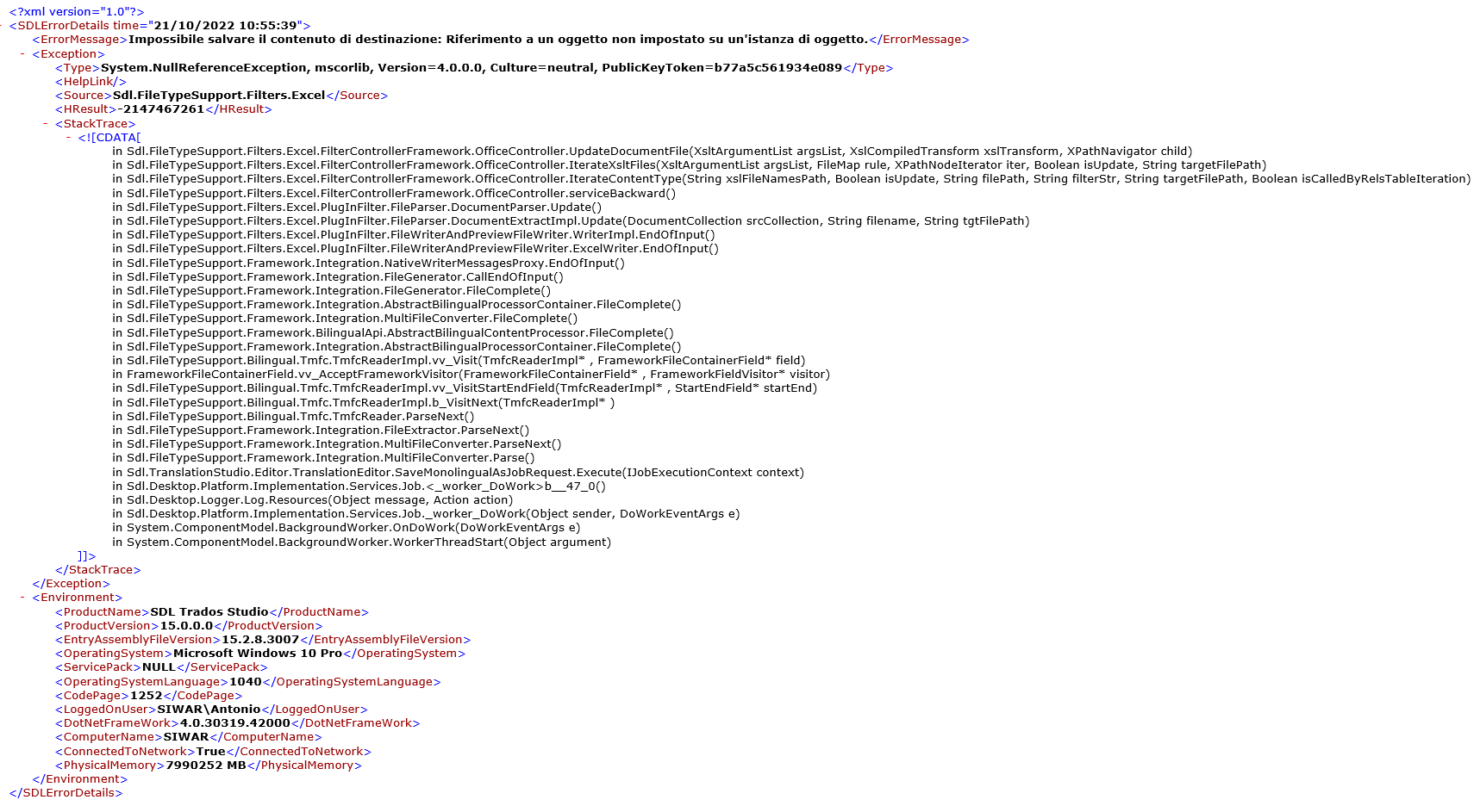 Error log from Trados Studio showing 'Impossible salvare il contenuto di destinazione' and a stack trace with multiple file references.