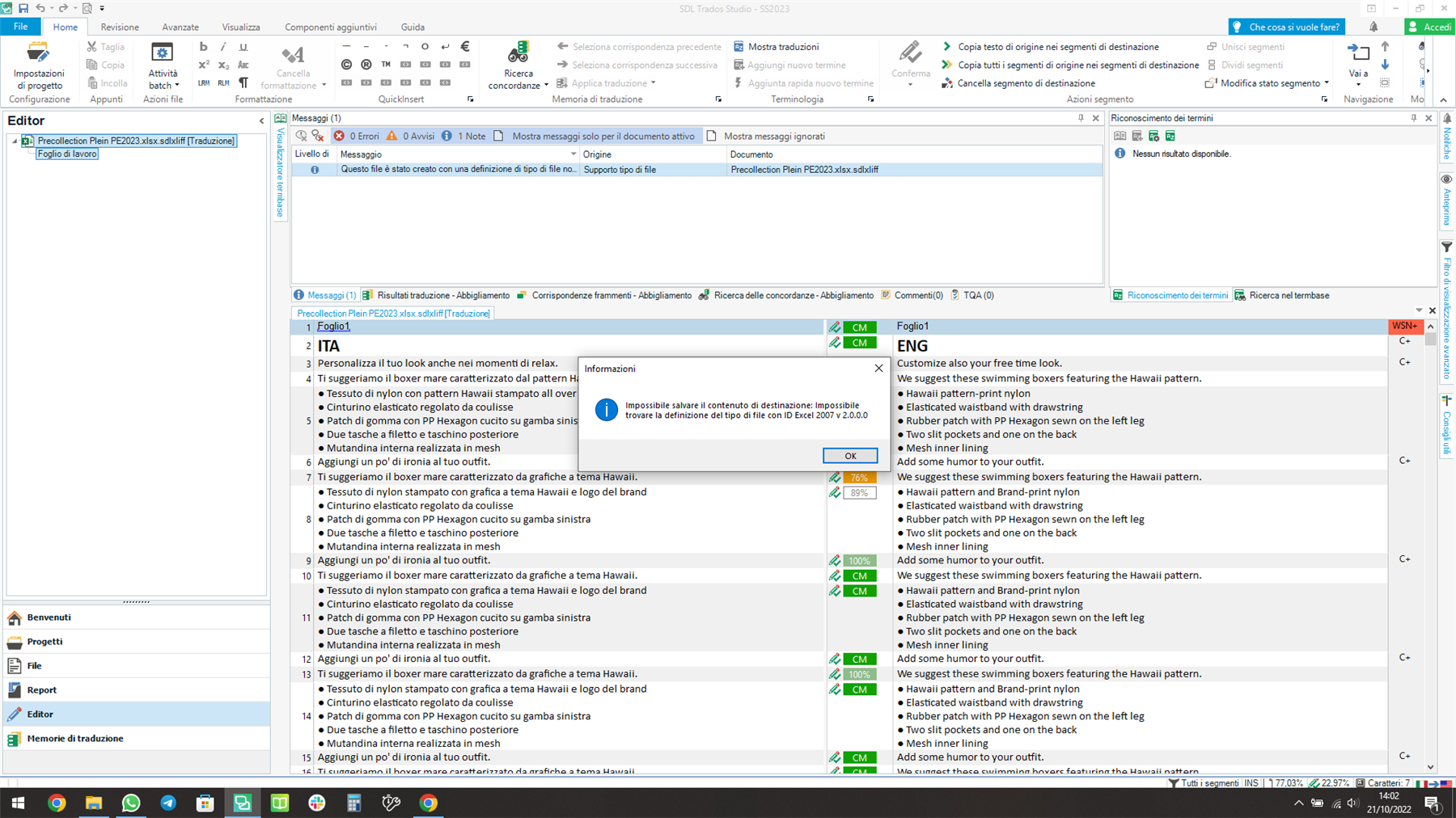 Screenshot of Trados Studio error message: Unable to save target content: cannot find file type definition with id Excel 2007 v 2.0.0.