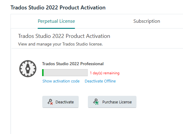 Trados Studio 2022 Product Activation window showing Perpetual License tab, with a warning that Trados Studio 2022 Professional has 1 day(s) remaining before expiration.