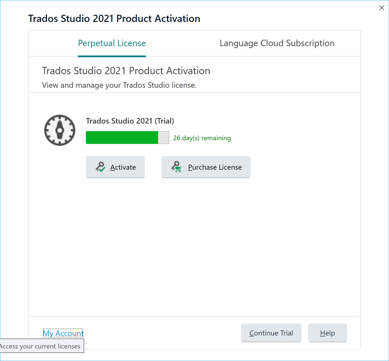 Trados Studio 2021 Product Activation window showing a trial version with 26 days remaining, with options to activate or purchase a license.