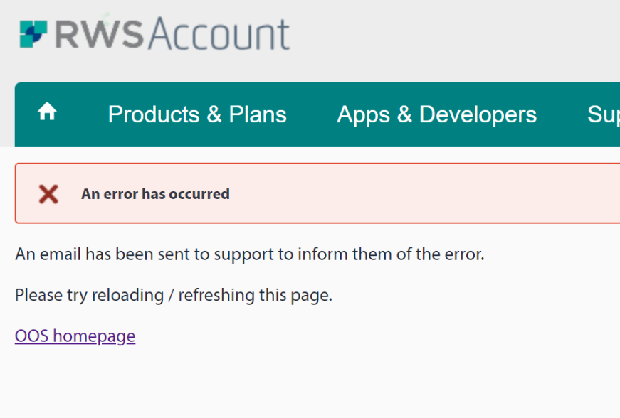 Error message on RWS Account page stating 'An error has occurred' with instructions to reload the page and a notification that an email has been sent to support.