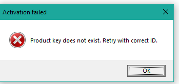 Error message in Trados Studio activation window saying 'Activation failed. Product key does not exist. Retry with correct ID.' with an OK button.