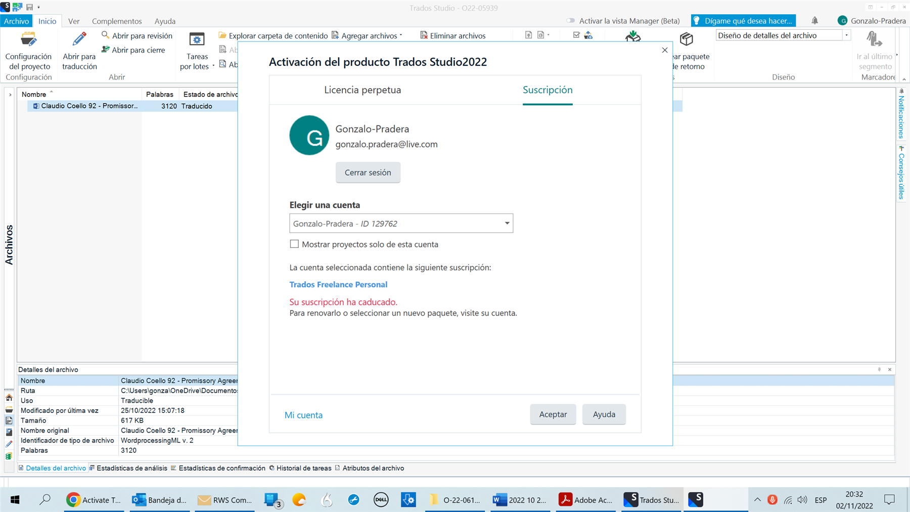 Trados Studio activation screen showing an expired subscription error for Trados Freelance Personal under the account Gonzalo-Pradera. A prompt suggests visiting the account to renew or select a new package.