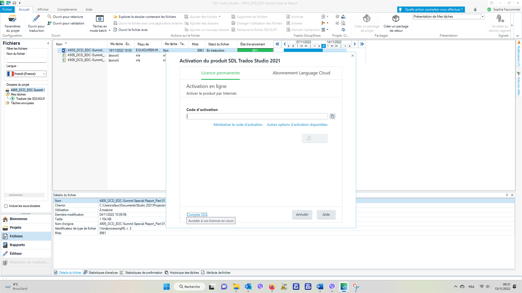 Trados Studio activation screen overlaying the main interface, with options for 'Permanent License' and 'Language Cloud Subscription'. Activation code field is empty and there's a 'Reset activation code' link.