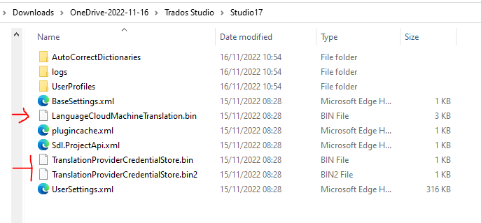File explorer window showing Trados Studio folder with *bin files highlighted for removal to speed up launch.