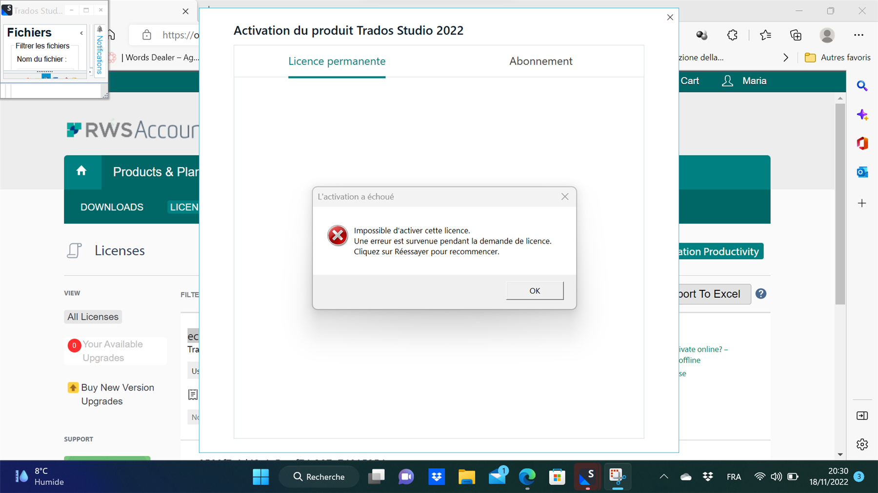 Error message on Trados Studio 2022 activation window saying 'Activation failed. Impossible to activate this license. An error occurred during the license request. Click Retry to start again.'
