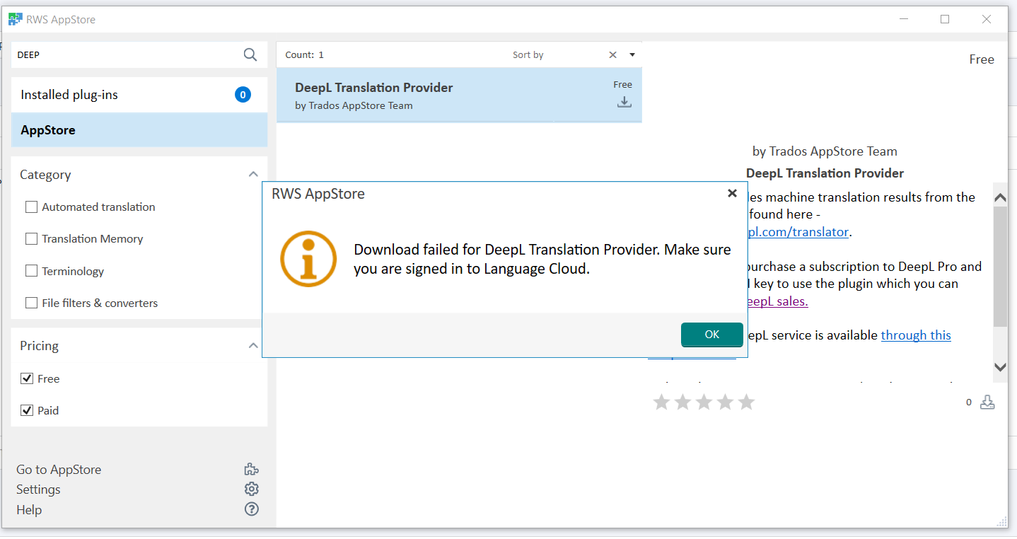 Trados Studio RWS AppStore interface showing an error message 'Download failed for DeepL Translation Provider. Make sure you are signed in to Language Cloud.' with an 'OK' button.