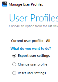 Trados Studio 'User Profiles' window showing options to export user settings, change user profile, and reset user settings.