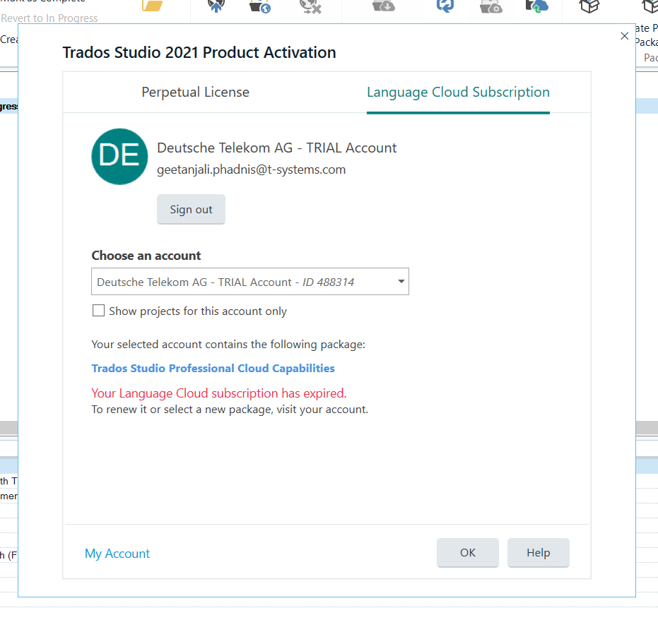 Trados Studio 2021 Product Activation window showing Perpetual License tab and Language Cloud Subscription tab. An error message under Language Cloud Subscription tab reads 'Your Language Cloud subscription has expired. To renew it or select a new package, visit your account.'