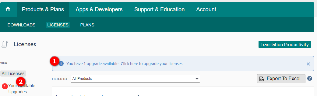 Trados Studio Licenses page showing a notification with a red number 1 indicating an available upgrade and two red circles marking points 1 and 2 for processing the upgrade.