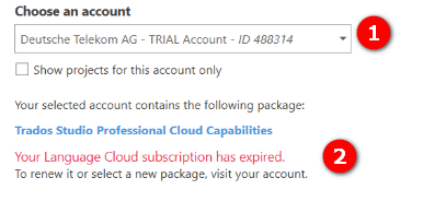 Trados Studio account selection dropdown showing Deutsche Telekom AG - TRIAL Account - ID 408314.