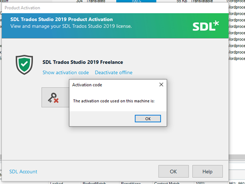 SDL Trados Studio 2019 Product Activation window showing an error message 'The activation code used on this machine is:' with an incomplete code and an OK button.