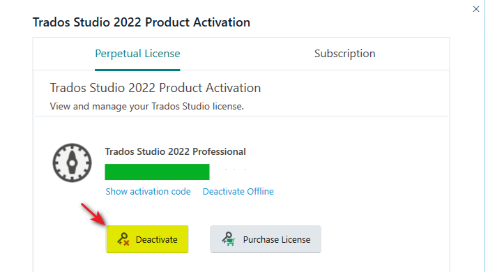 Trados Studio 2022 Product Activation window showing options for Perpetual License and Subscription. A red arrow points to the 'Deactivate' button.