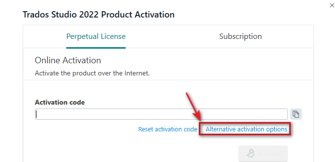 Trados Studio 2022 Product Activation window showing Online Activation tab with an empty Activation code field and a highlighted link to Alternative activation options.