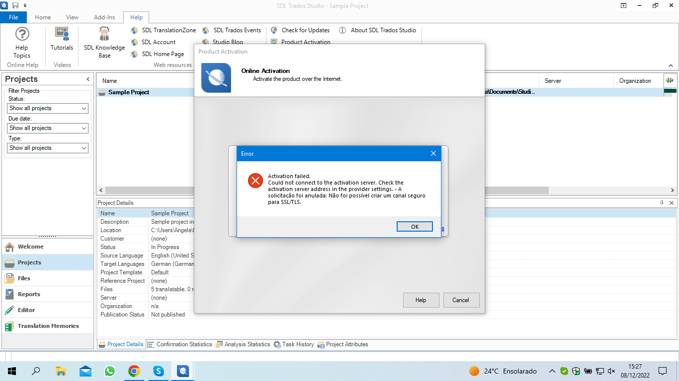 Trados Studio error message window stating 'Activation failed. Could not connect to the activation server. Check the activation server address in the provider settings.' with an OK button.