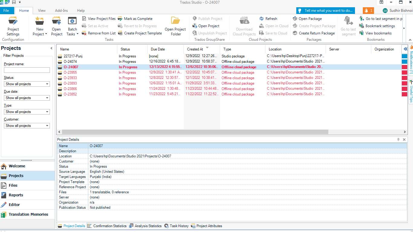 Trados Studio interface showing a list of projects with one selected, 'O-24007'. The 'Create Project Package' option is visible but not highlighted, indicating it may be disabled.
