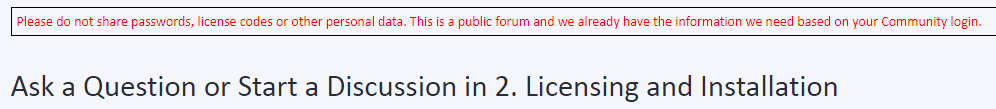 Screenshot of Trados Studio forum header with a warning message in red stating not to share passwords or personal data and that the forum is for licensing and installation questions.