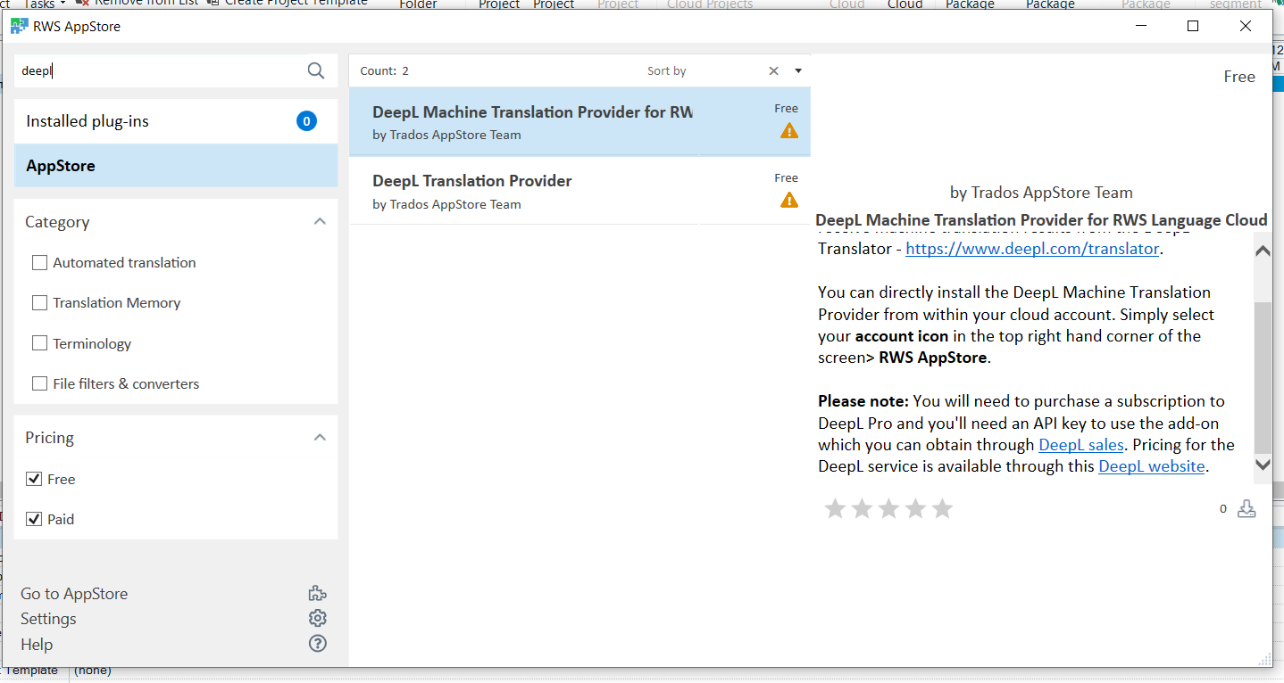 Trados Studio screenshot showing the RWS AppStore with a search for 'deepl'. Two results displayed with warning icons indicating issues with the DeepL Machine Translation Provider for RWS Language Cloud.