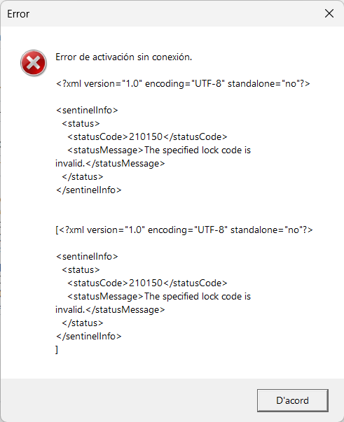 Error dialog box from Trados Studio showing 'Error de activacion sin conexion' with XML content stating status code 210150 and message 'The specified lock code is invalid.'