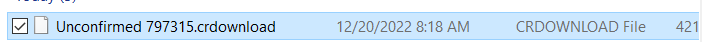 Screenshot showing an unconfirmed download of a file named '793715' with a .crdownload extension, dated 12202022 at 8:18 AM.