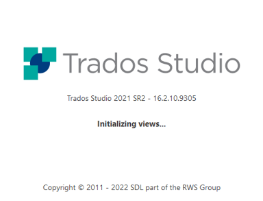 Trados Studio 2021 SR2 version 16.2.10.9305 initializing screen with logo and copyright notice.