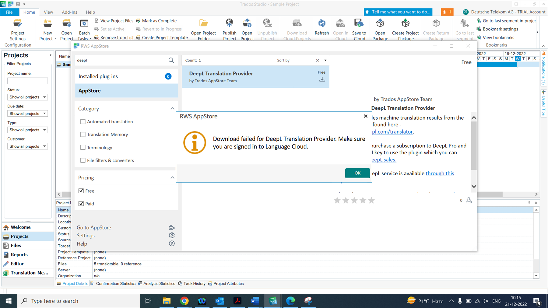 Error message in Trados Studio stating 'Download failed for DeepL Translation Provider. Make sure you are signed in to Language Cloud.'