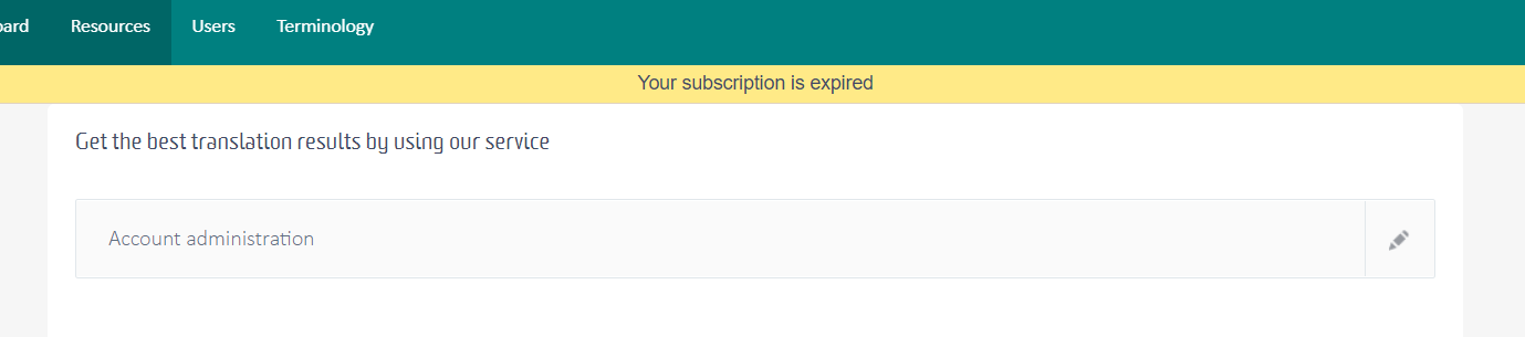 Language Cloud webpage with a yellow banner indicating 'Your subscription is expired' and a call to action for account administration.