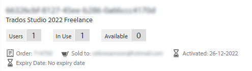 Trados Studio 2022 Freelance license information showing 1 user, 1 in use, 0 available, activated on 26-12-2022, no expiry date, and an email address.