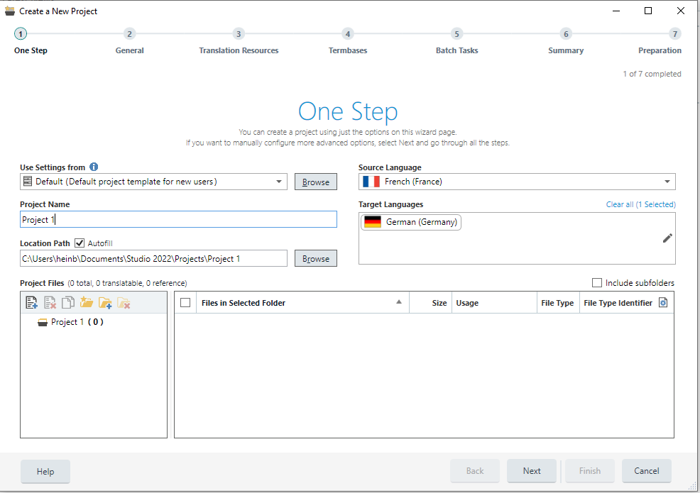 Trados Studio Create a New Project window showing empty Project Files list with source language set to French and target language set to German.