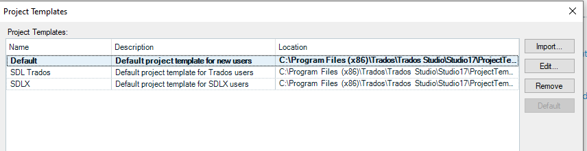 Trados Studio Project Templates window displaying three templates with their locations in C: Program Files directory.