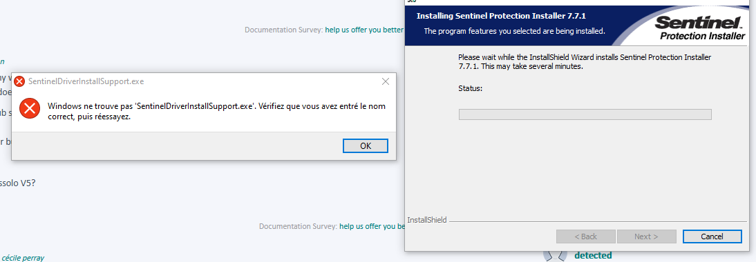 Error message window titled 'SentinelDriverInstallSupport.exe' with text 'Windows ne trouve pas 'SentinelDriverInstallSupport.exe'. Verifiez que vous avez entre le nom correct, puis reessayez.' and an OK button.