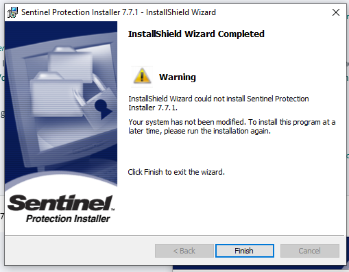 Installation window for Sentinel Protection Installer 7.7.1 showing a progress bar and text 'Please wait while the InstallShield Wizard installs Sentinel Protection Installer 7.7.1. This may take several minutes.'