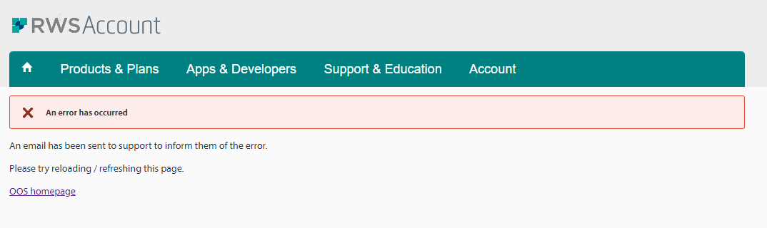 Screenshot of RWS Account portal with an error message stating 'An error has occurred' and instructions to reload or refresh the page.