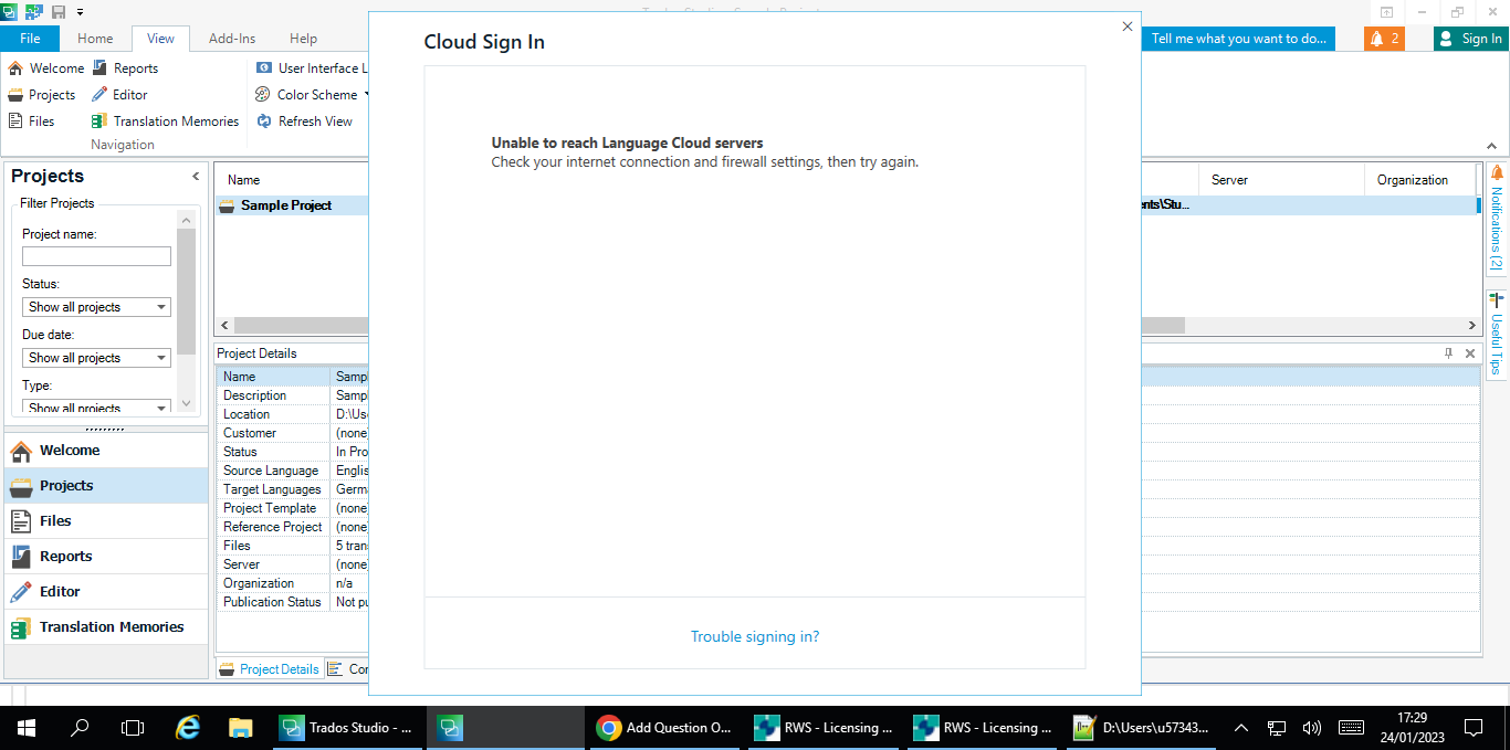Trados Studio error message 'Unable to reach Language Cloud servers' with a suggestion to check internet and firewall settings.
