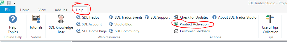 Trados Studio screenshot showing the Help tab selected with two circled items: 'Help' menu option and 'Product Activation' indicating an action required.