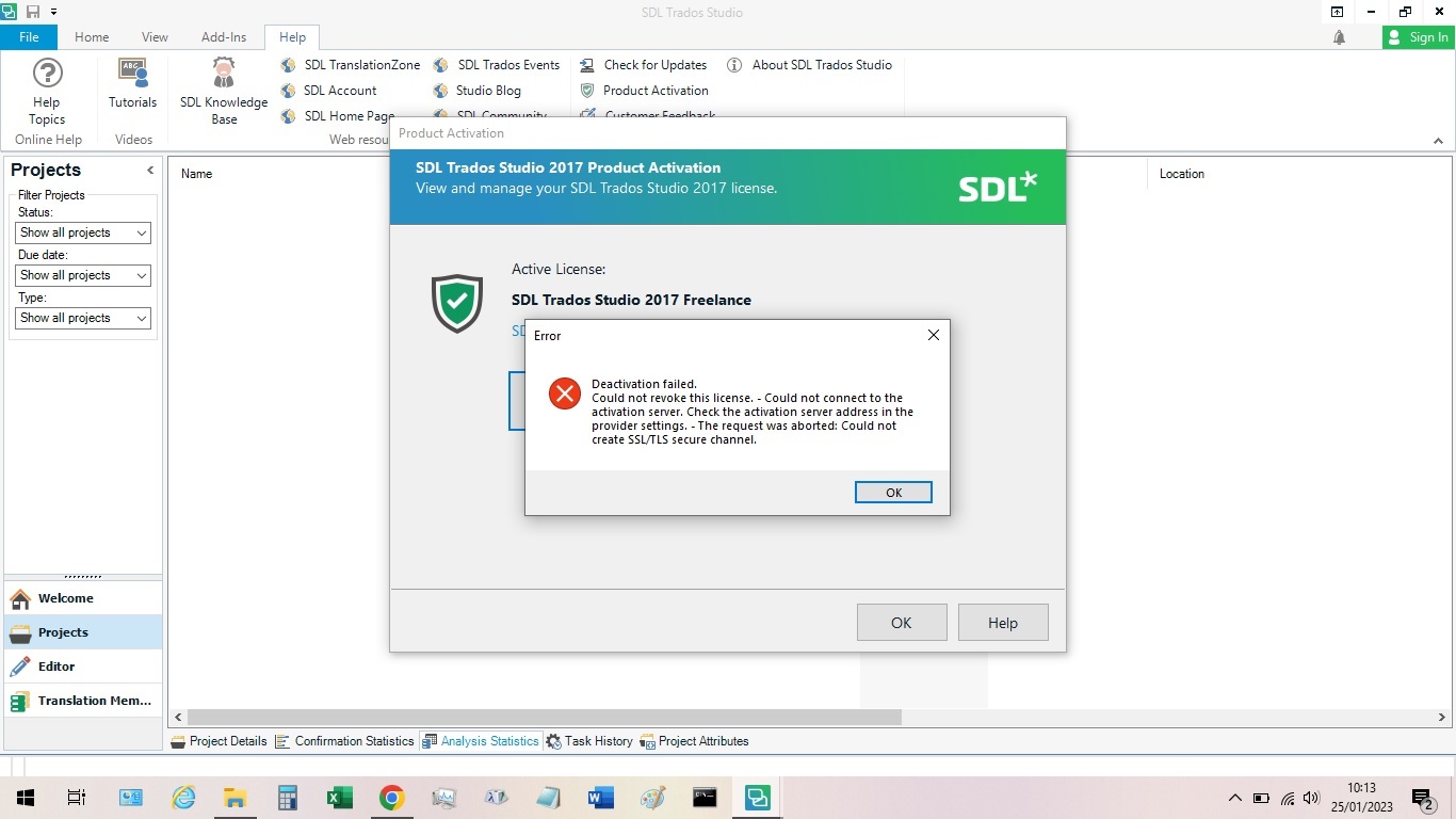 Screenshot of Trados Studio 2017 Product Activation window showing an error message 'Deactivation failed. Could not revoke this license. - Could not connect to the activation server. Check the activation server address in the provider settings. - The request was aborted: Could not create SSLTLS secure channel'.