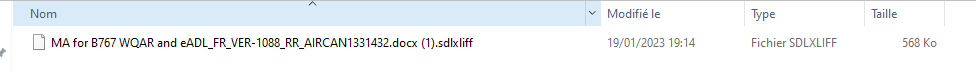 Screenshot of Trados Studio file list showing a single file named 'MA for B767 WQAR and eADL_FR_VER-1088_RR_ARICAN1331432.docx (1).sdlxliff' with a modified date of 19012023 19:14, file type 'Fichier SDLXLIFF' and size 568 Ko.