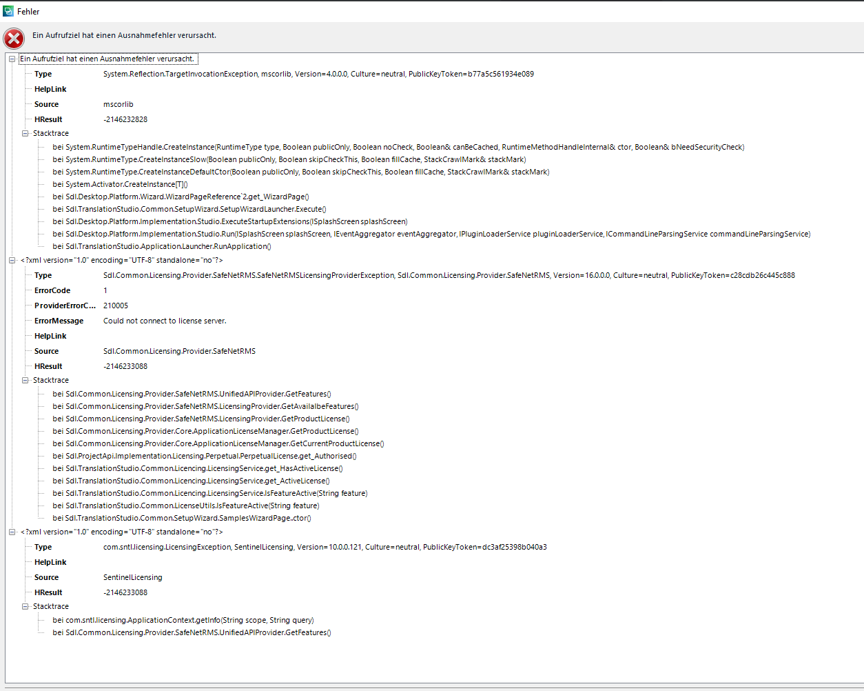 Error message in Trados Studio indicating an exception caused by a call. Details include type 'System.Reflection.TargetInvocationException' and stack trace information.