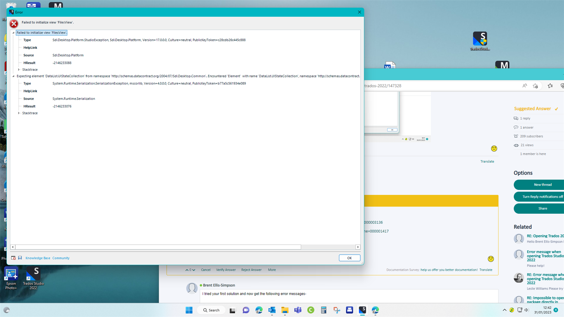 Error message window on Trados Studio showing 'Failed to initialize view FilesView' with details of the exception and stack trace.